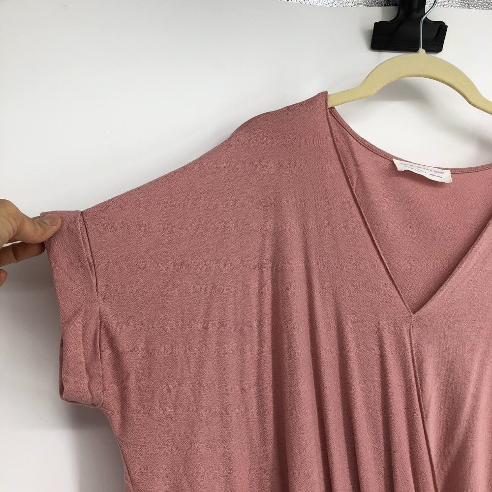 Excuse Me I Have To Go Be Awesome pink flowy short sleeve surplice  wrap top S - Picture 7 of 13